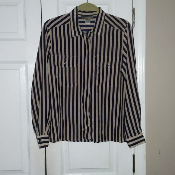 Notations Navy and Tan striped button down blouse Sz 10 - Picture 1 of 5
